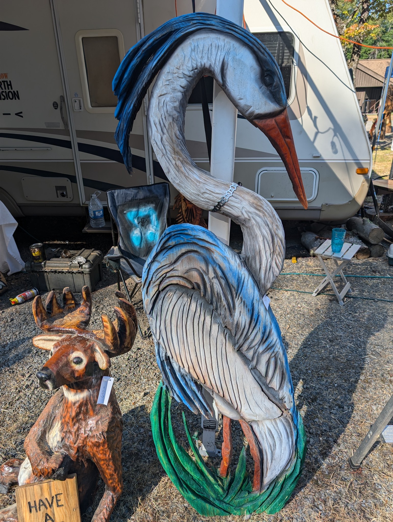 Heron for my mother — chainsaw carving by The Grateful Tech
