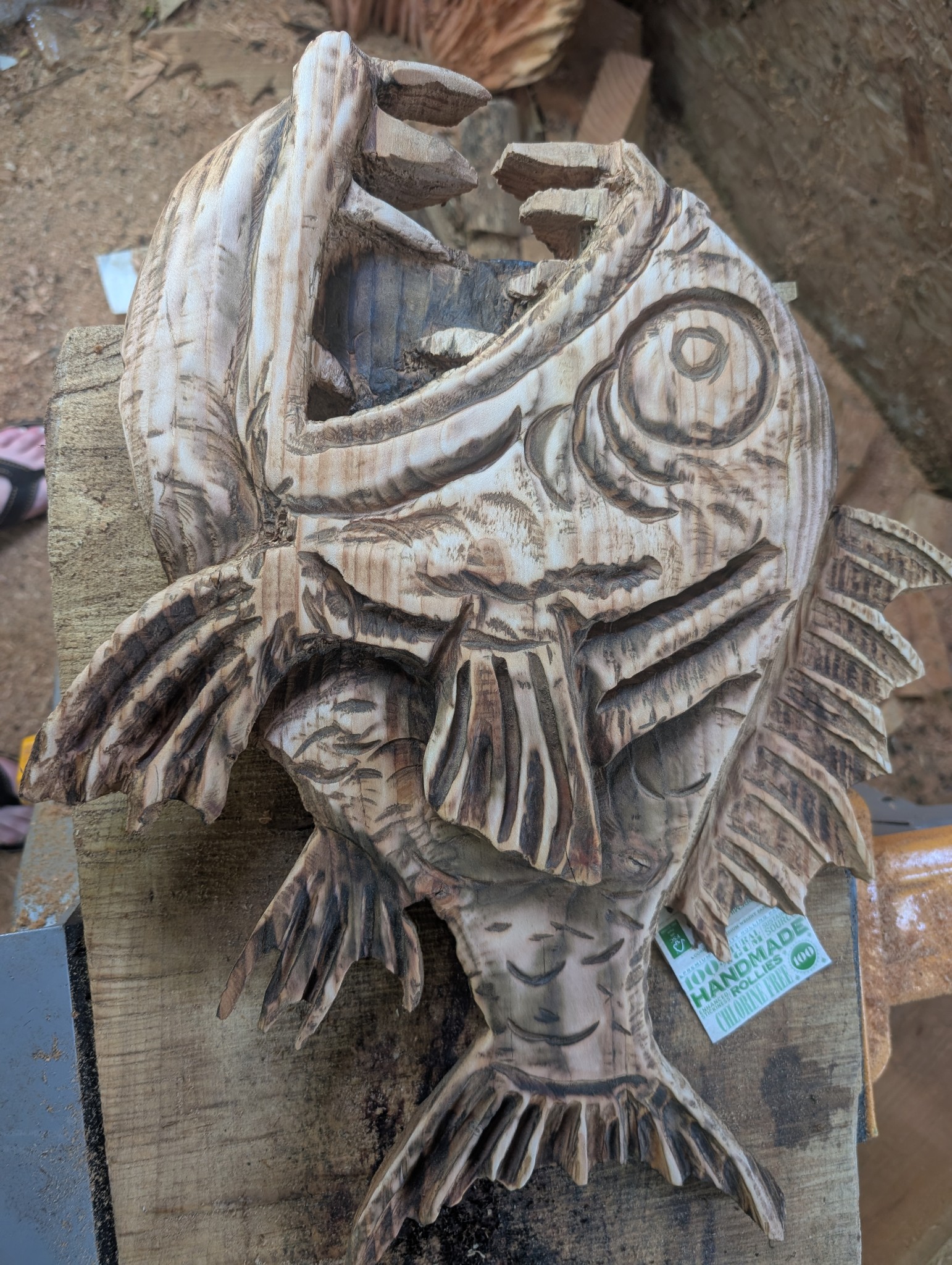 Pine Fish — chainsaw carving by The Grateful Tech