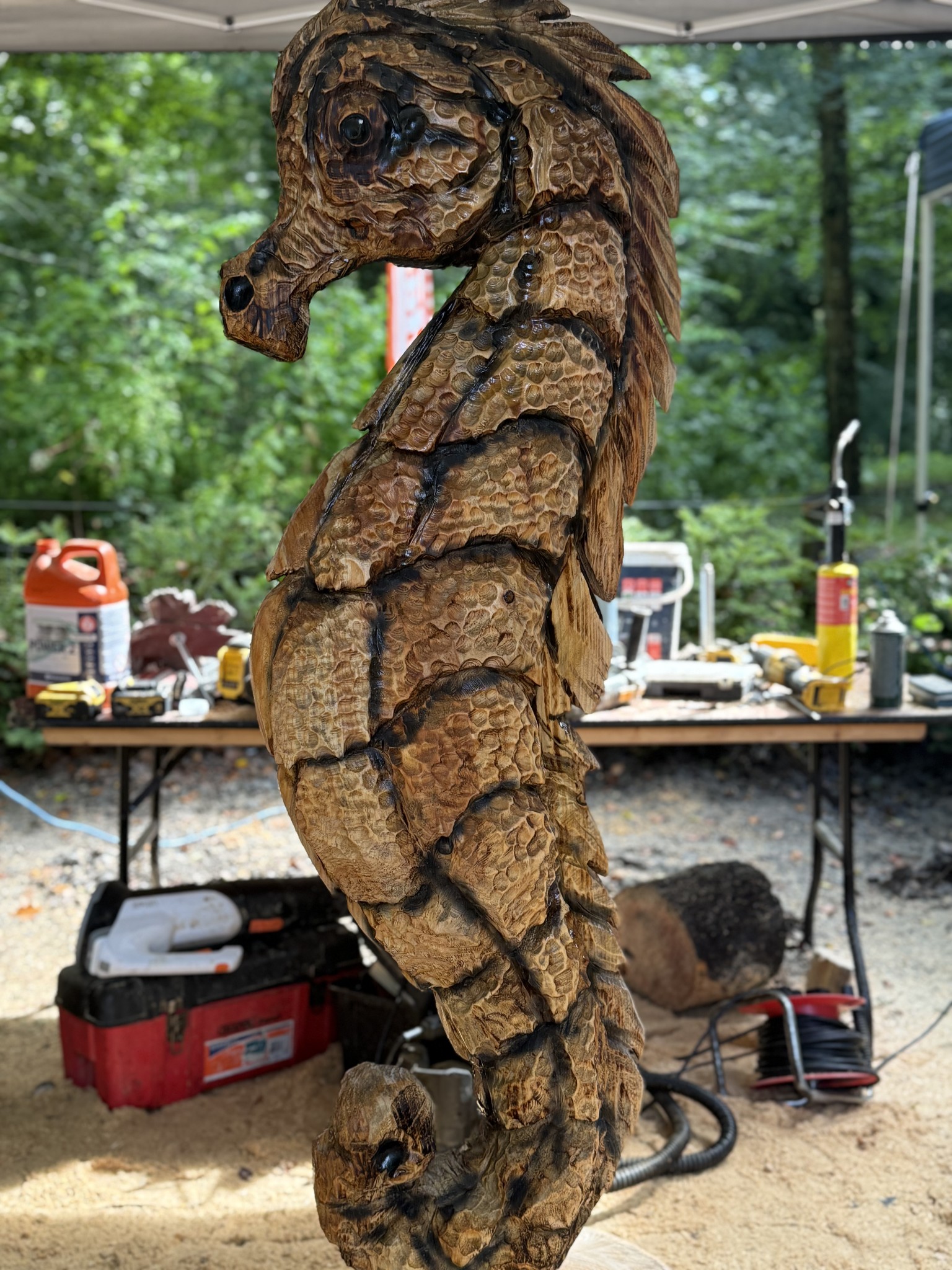 seahorse at Ireland’s woodland show Waterford 2026 — chainsaw carving by Woodaknot chainsaw carving & sculpting